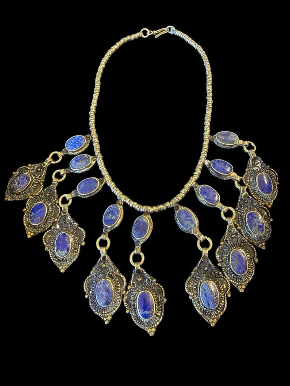 Vintage Ethnic Tribal Lapis Lazuli Dangle Drop Choker Necklace Hook Closure